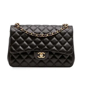 CHANEL Lamb Leather Quilted Jumbo Classic Double Flap Shoulder Bag Black